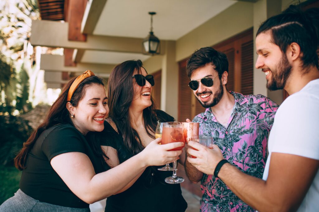 Polyamorous friends having a drink