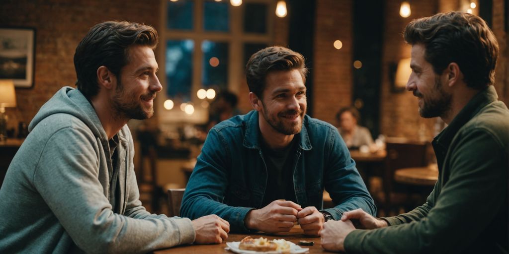 Three friends talking closely in a warm, intimate space.