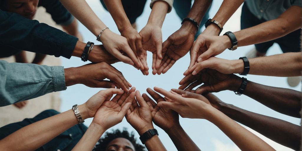 Group forming heart shape with hands, symbolizing love.