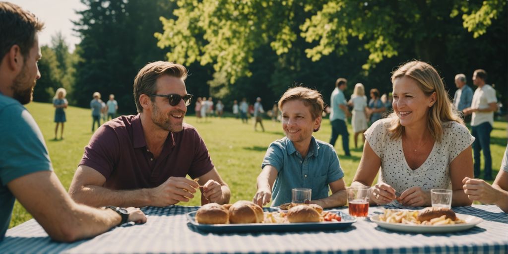 Family playing games at a sunny reunion picnic