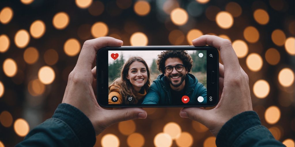 Couple video calling with hearts, surrounded by self-care items.