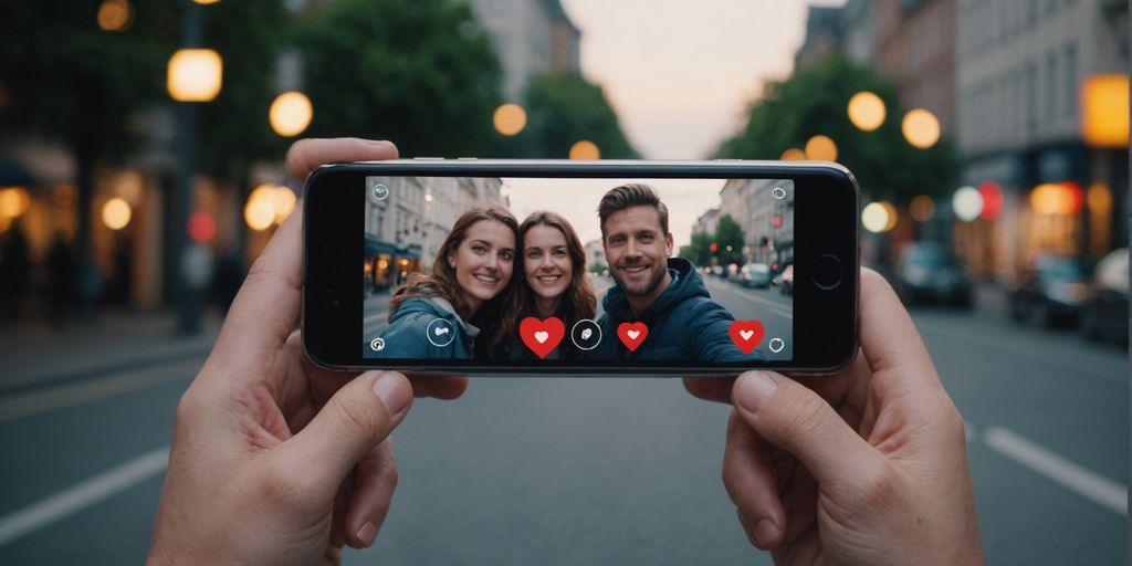 Couple video calling with heart icons and distance markers