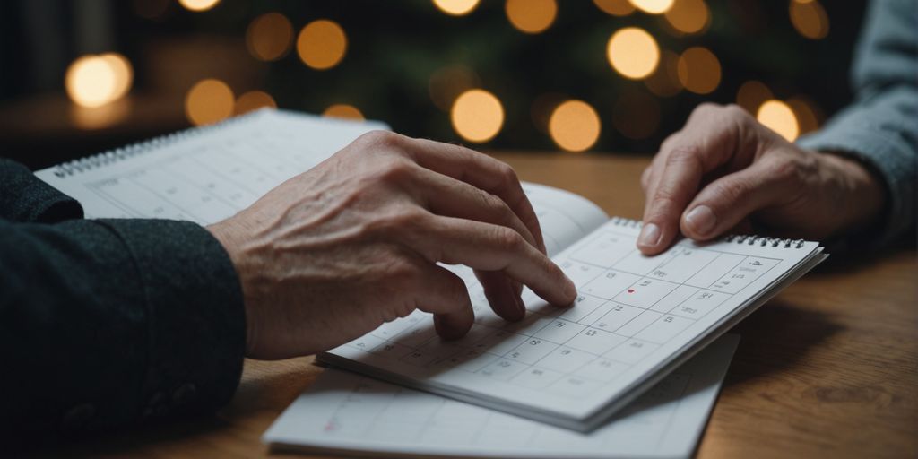Couple holding hands, calendar in background