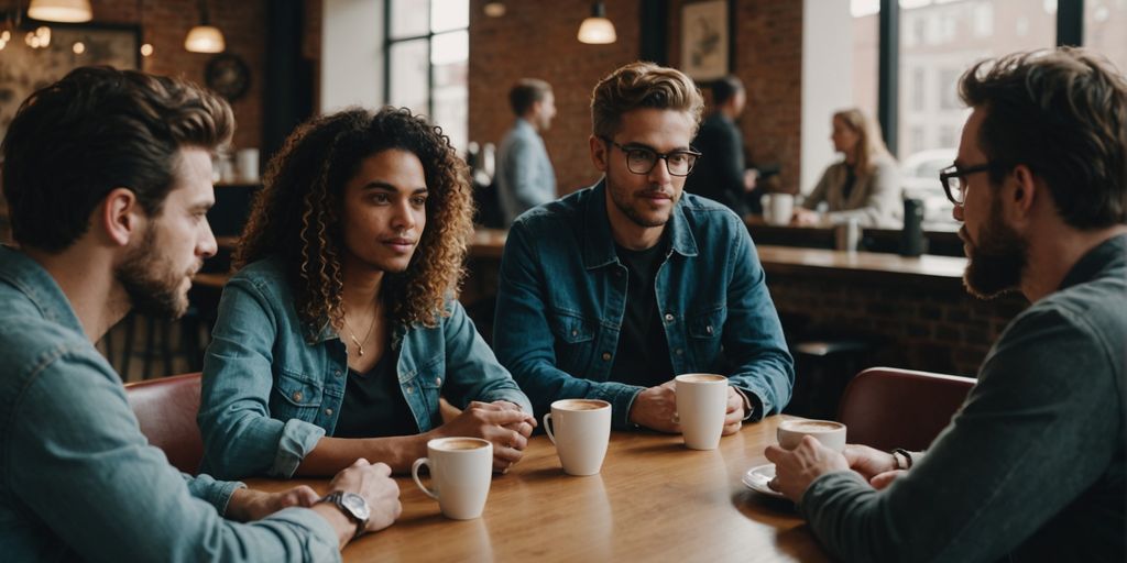 Group discussing polyamory and commitment at a coffee shop.