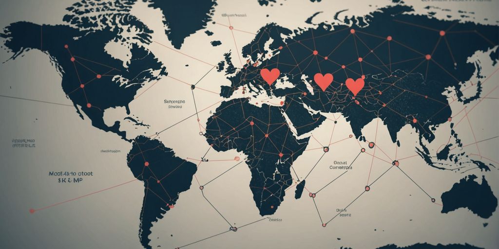 Three hearts linked over a world map, symbolizing connection.