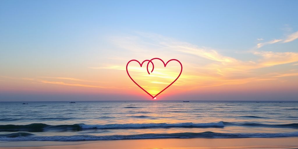 Sunset beach with overlapping hearts in the sky.