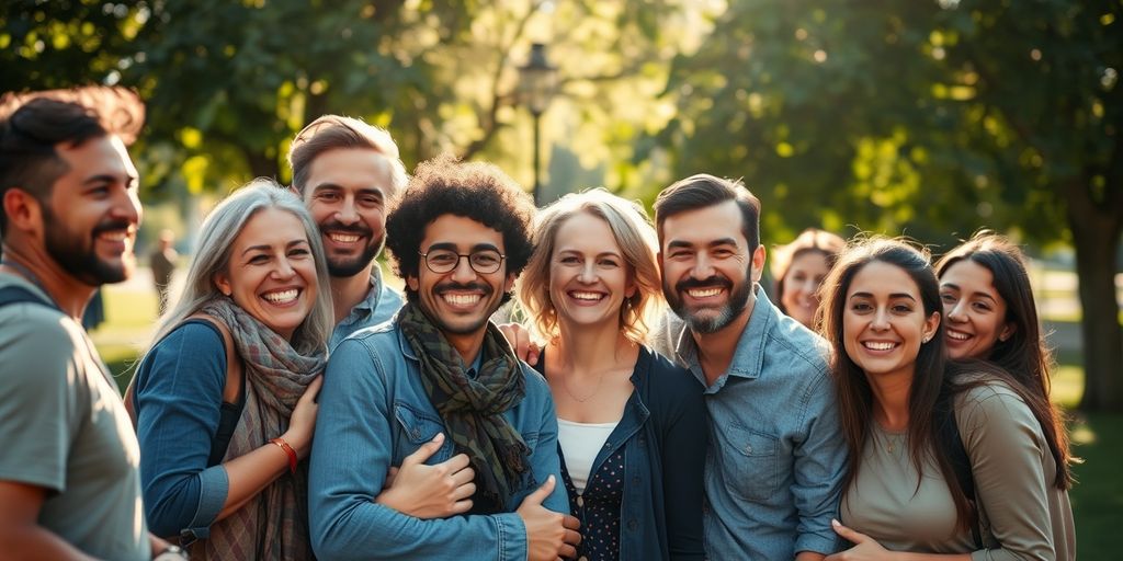 Group of people smiling and embracing outdoors.