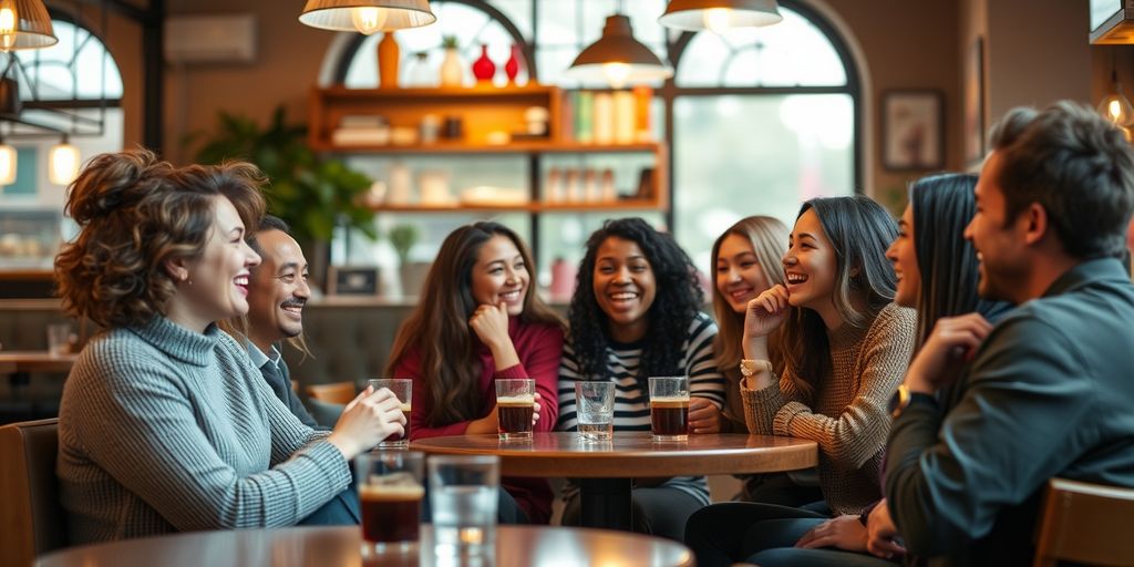 Diverse group chatting in a cozy cafe.