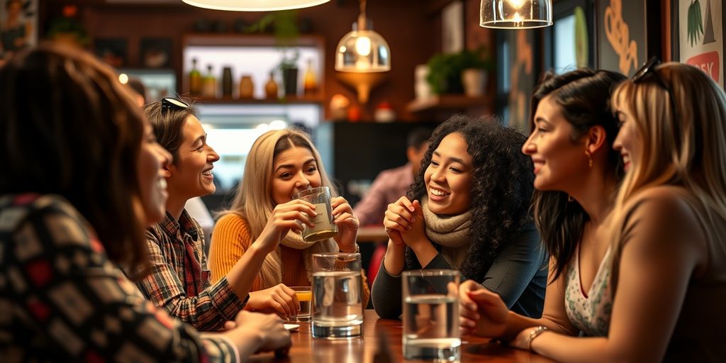 Diverse group chatting in a cozy cafe.