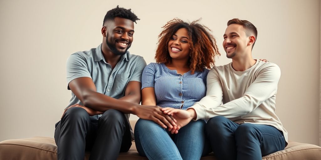 Three people holding hands and smiling together.