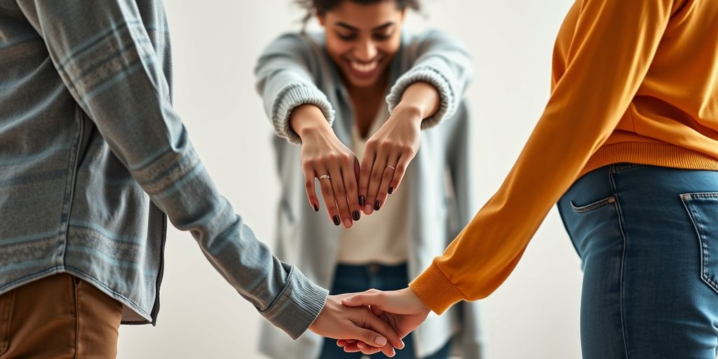 Three people holding hands in unity.