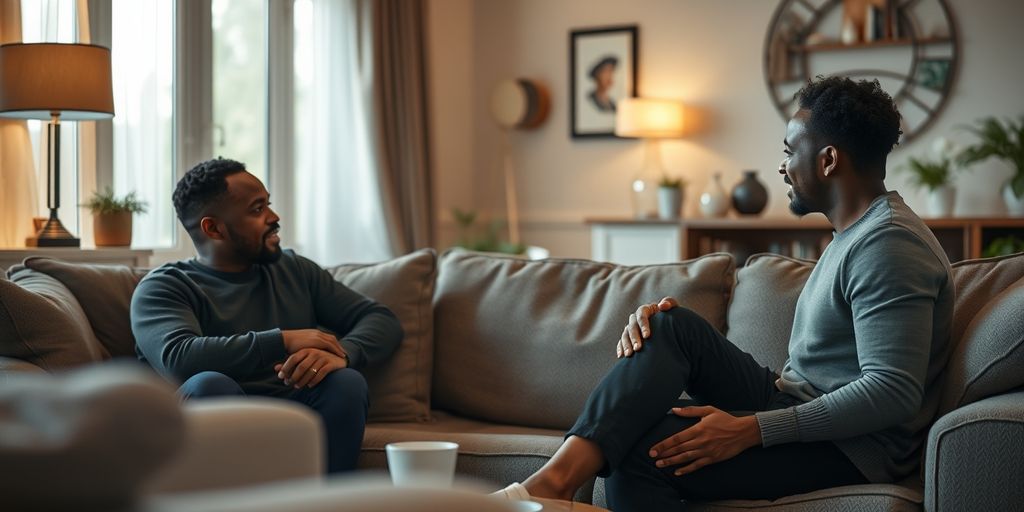 Three people talking in a cozy living room.