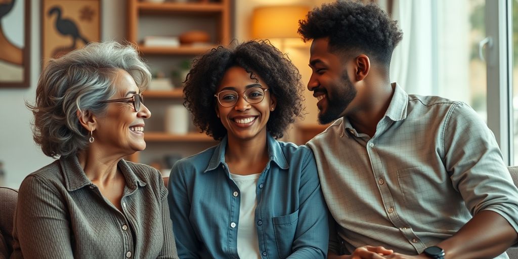 Three people sharing a heartfelt conversation.