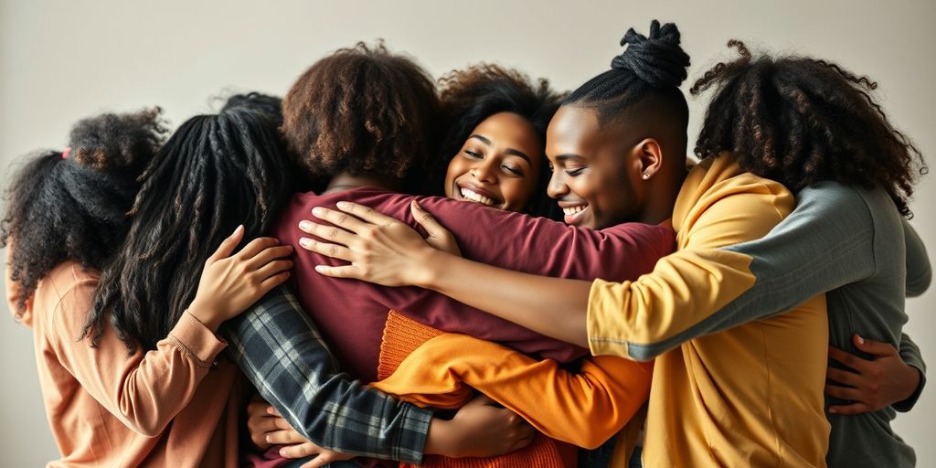 Diverse group hug in warm setting.