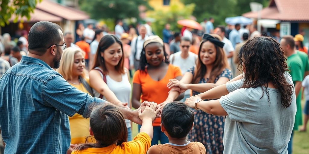Diverse group holding hands in unity.