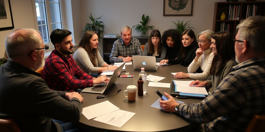 Group discussing around a table with papers and laptops.