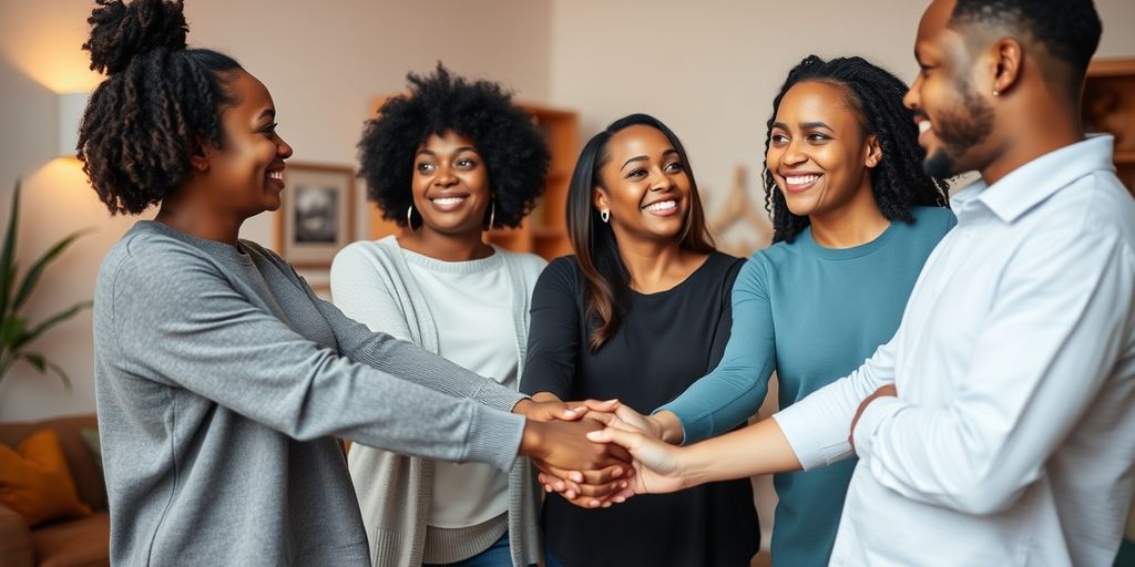 Three people holding hands and smiling warmly.