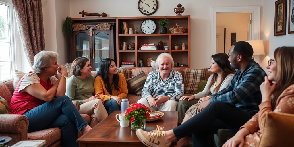Group of people talking in a cozy living room.