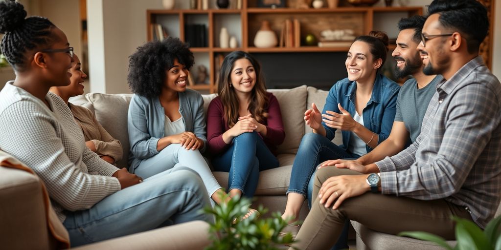 Group of people talking in a cozy living room
