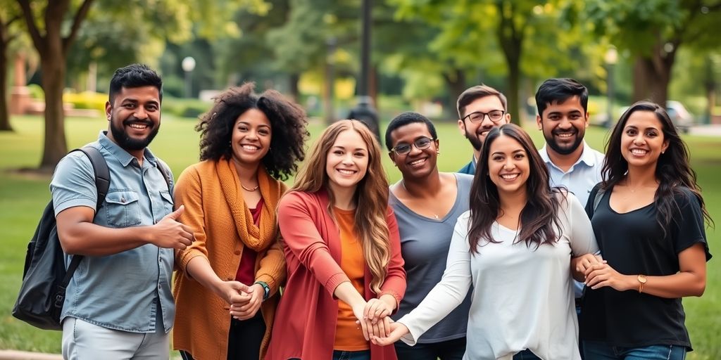 Diverse group holding hands in a park