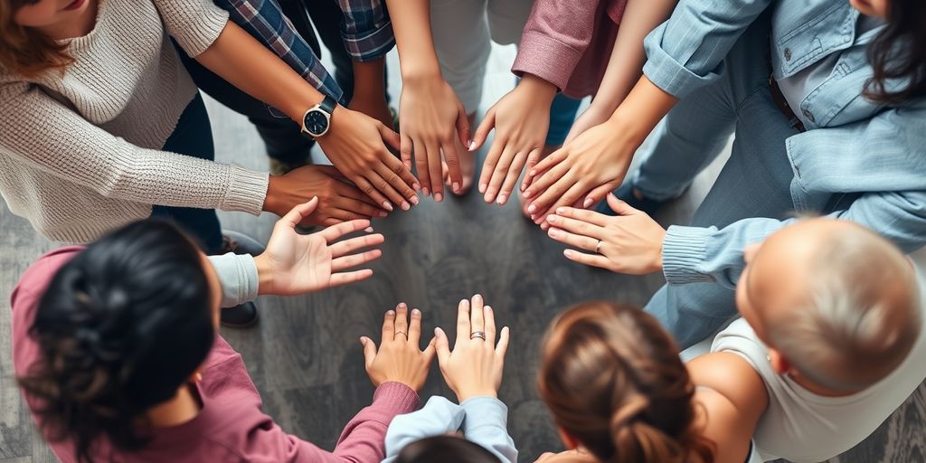Diverse group holding hands in a circle.