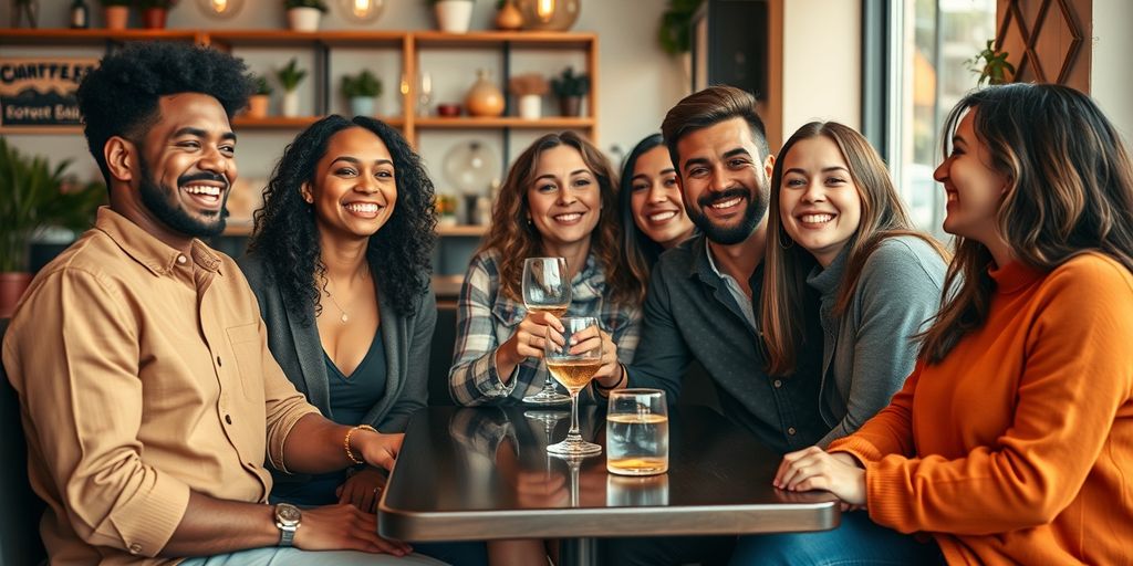 Diverse group in cozy cafe