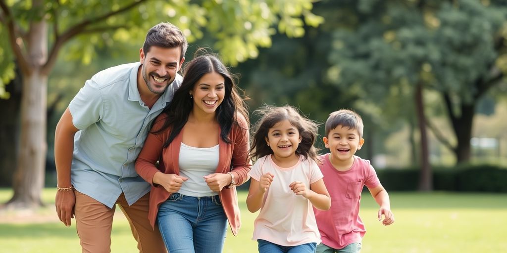 Happy family with two parents and three children.