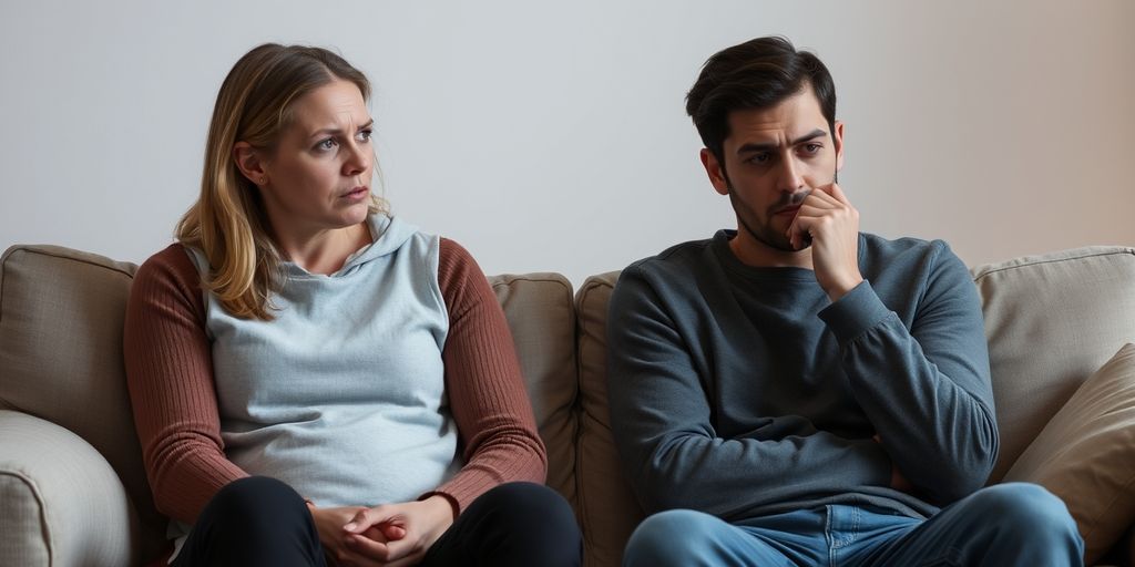 Couple on couch with tense expressions