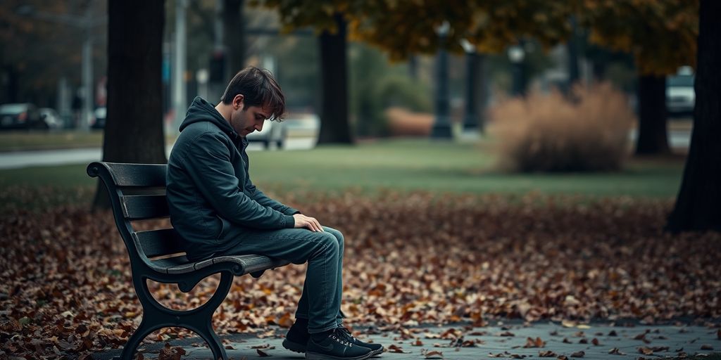Person alone on park bench, looking sad.