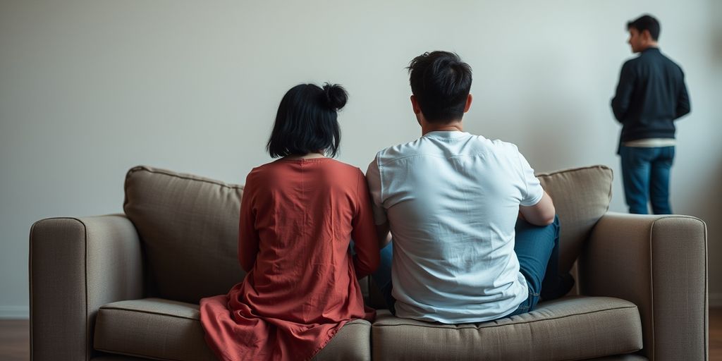 Couple distant on couch, third person in background.