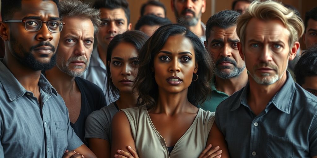 Diverse group with concerned expressions.