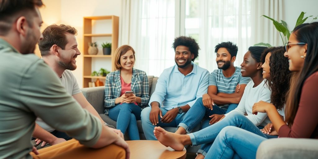 Group of people talking in a cozy living room.