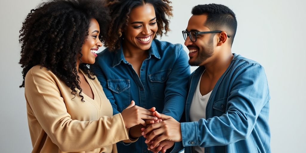Three people holding hands in a circle.