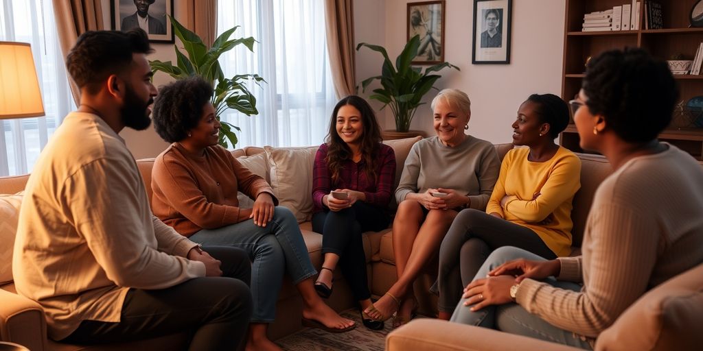 Diverse group in cozy living room talking.