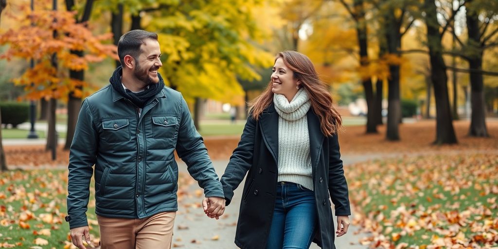 Couple holding hands in autumn park