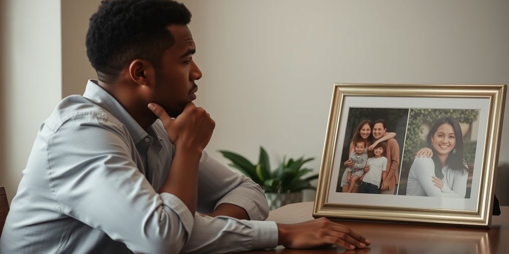 Person pondering over two framed photos.