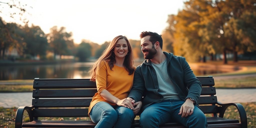 Happy couple holding hands on a park bench.