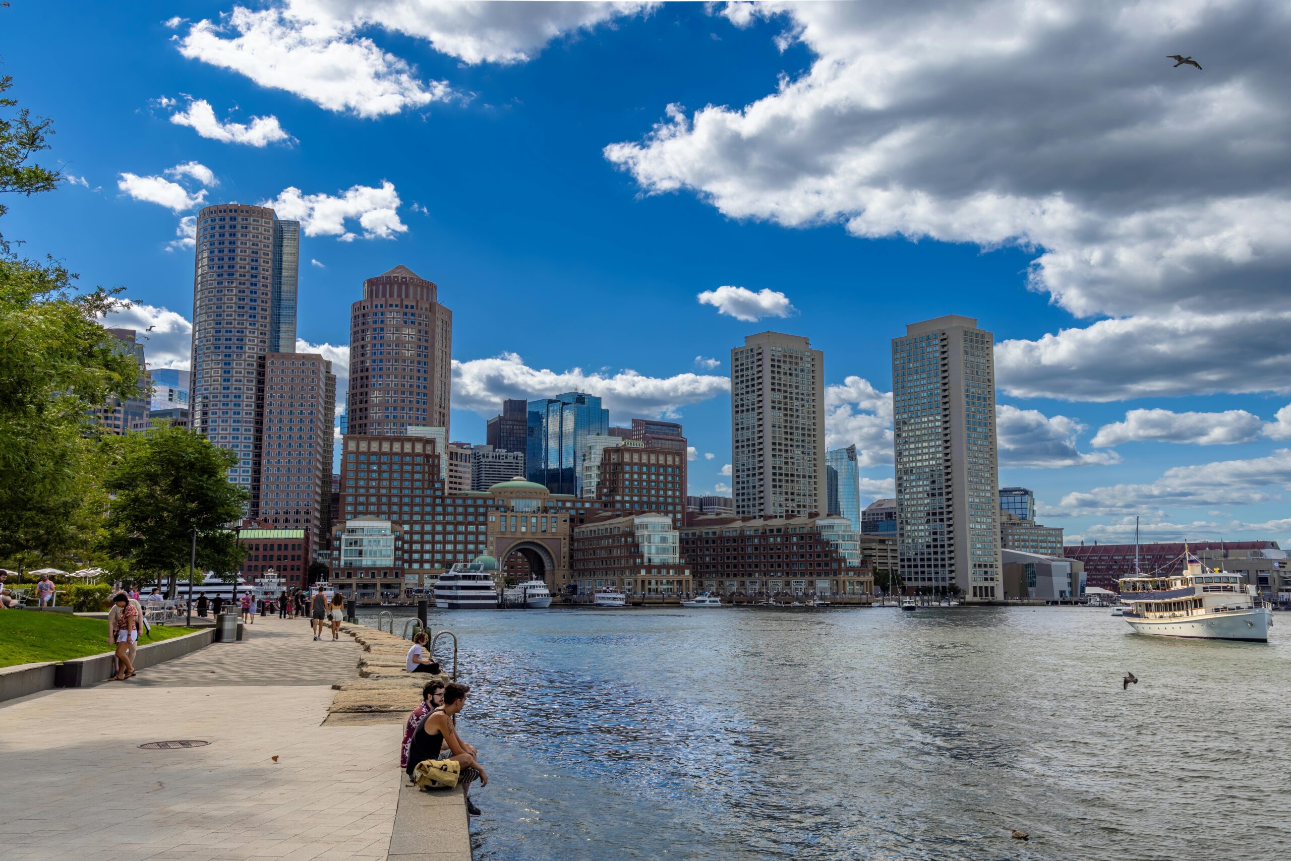 Stunning Boston Harbor Cityscape with Blue Skies