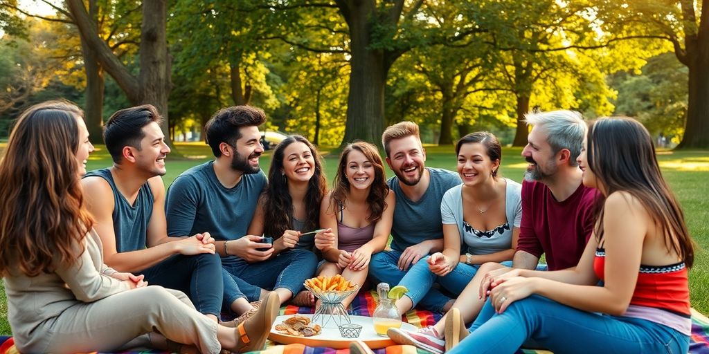 Diverse queer people laughing, sharing food outdoors.