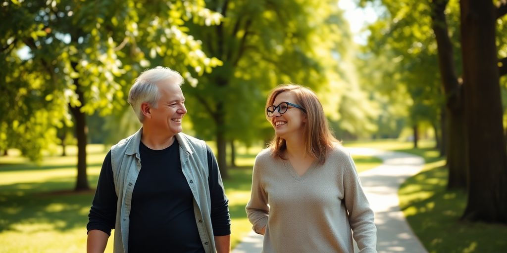Two friends laughing, walking in park