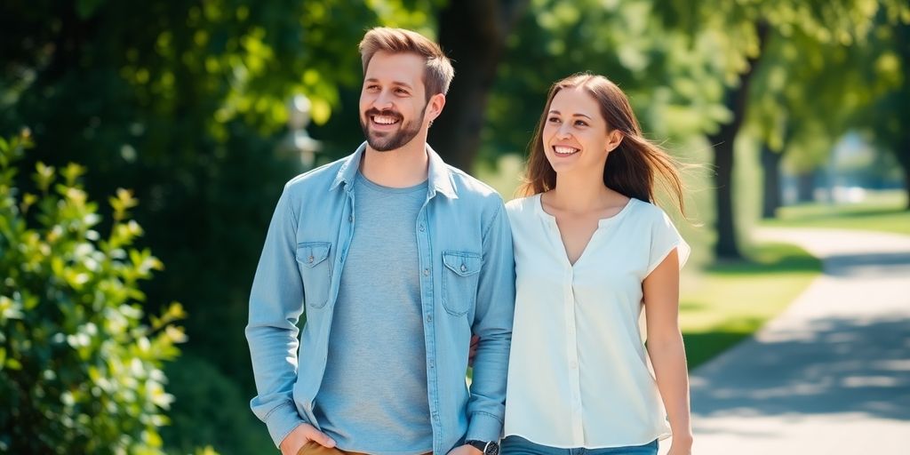 Two friends laughing, walking on a sunny path.