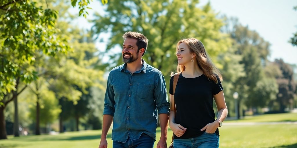 Two friends smiling, walking in a park.