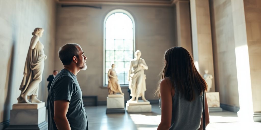 Two people gaze at ancient Greek sculptures.