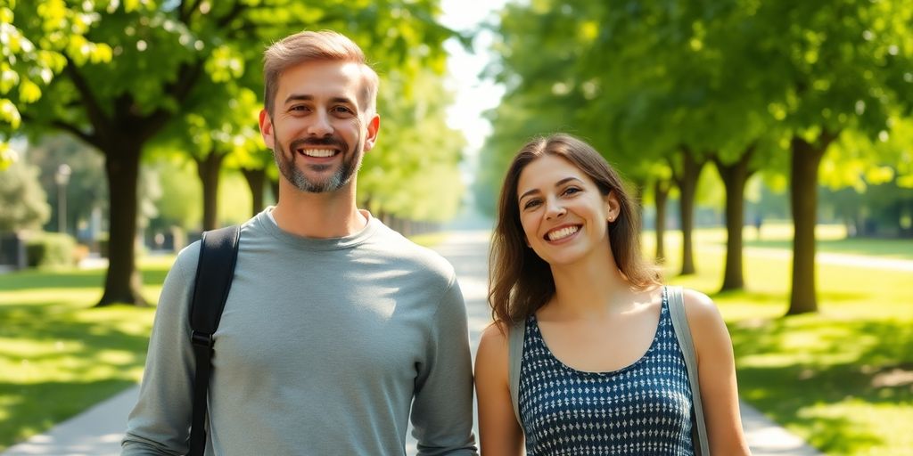 Two people smiling, walking together outdoors.