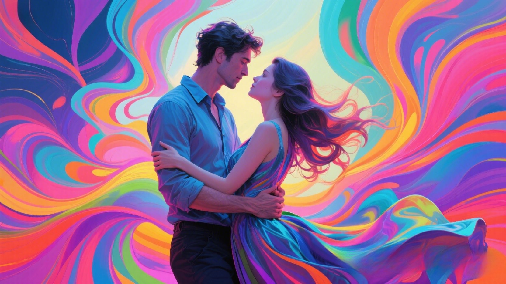 A couple embracing with vibrant, overlapping colors.