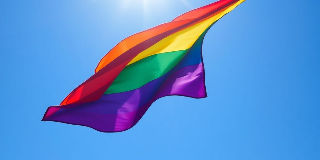 A vibrant rainbow flag unfurling against a clear blue sky.