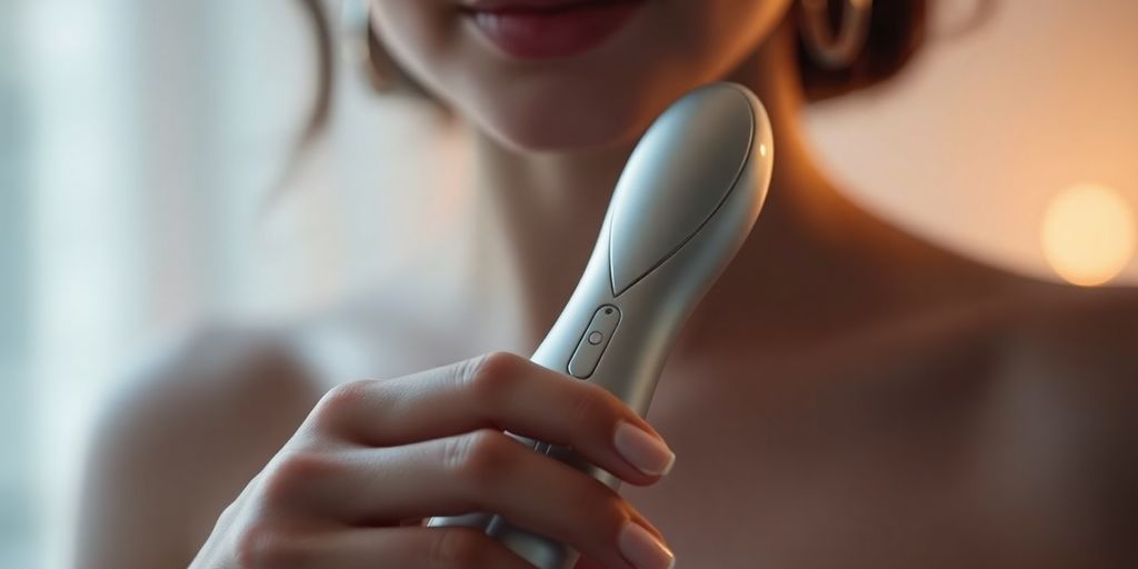 A woman's hand holding a sleek, modern vibrator.