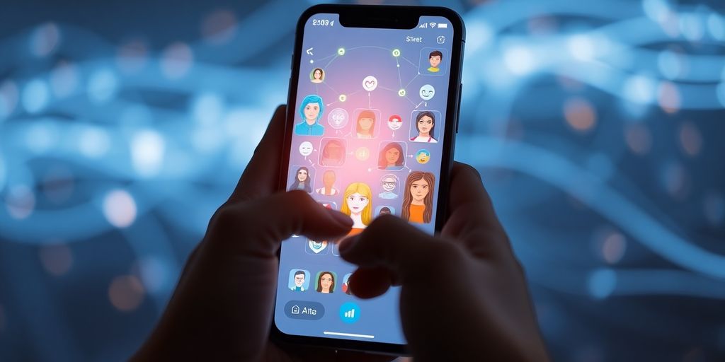 AI dating app on a futuristic phone.