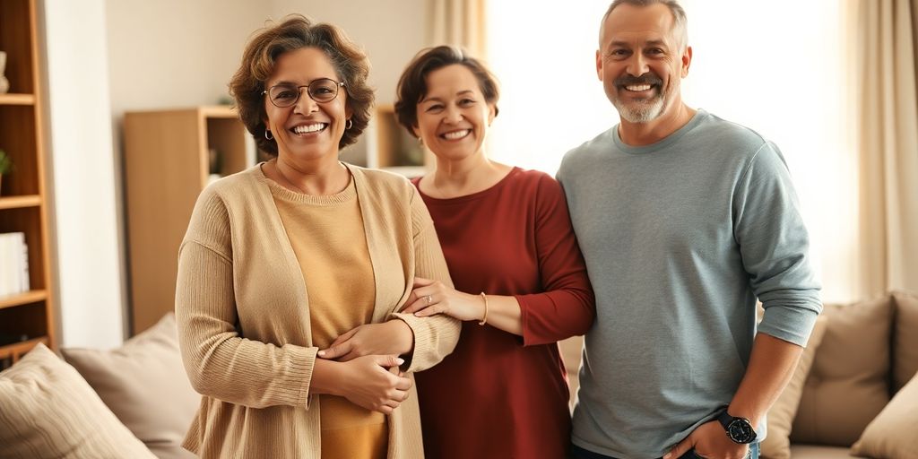 Couple embracing, another person nearby, all smiling.