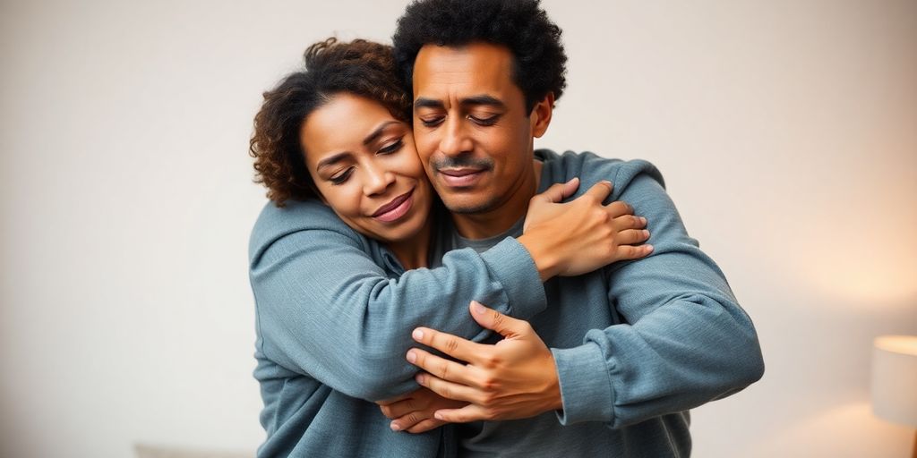 Couple embracing, one person looking uncomfortable.